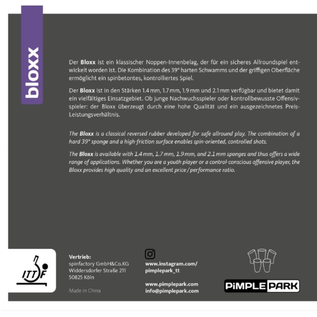 PIMPLE PARK Epos Belag - Noppen Innen 1,0mm Für Defensivspieler